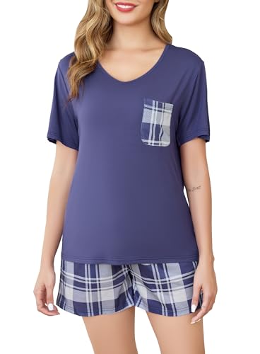 Sopesil Damen Schlafanzug Kurze Ärmel Damen Pyjamas Kariert Pyjama Sets mit Taschen Nachtwäsche weich Gemütlich Lounge Wear für Frauen von Sopesil