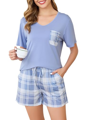 Sopesil Damen Schlafanzug Kurze Ärmel Damen Pyjamas Kariert Pyjama Sets mit Taschen Nachtwäsche weich Gemütlich Lounge Wear für Frauen von Sopesil
