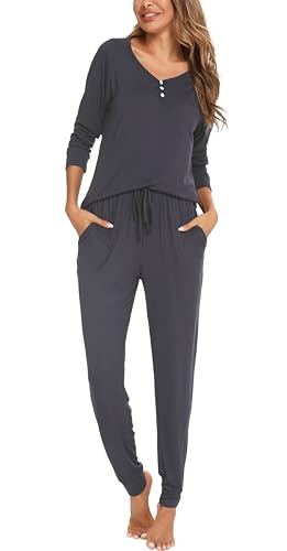Sopesil Pyjama Damen Schlafanzug Lang Baumwolle Winter Nachtwäsche Bequeme Set Loungewear Warm mit Knopf Kordelzug Hausanzug Elastizität, B_Dunkel Grau, XL von Sopesil