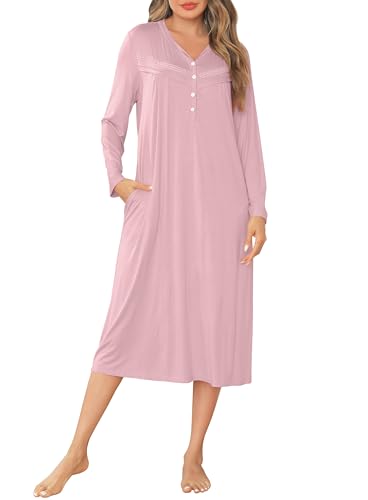 Sopesil Nachthemd Damen Langarm Nachthemden Knopfleiste Frauen Lang Modal Nachtwäsche V-Ausschnitt Schlafanzug Damen Sleepwear A-Rosa 2,XXL von Sopesil