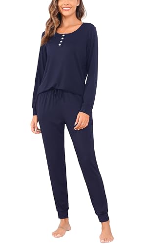 Sopesil Schlafanzug Damen Pyjama Lang Winter Baumwolle Set Nachtwäsche Hausanzug Weiche und Bequeme Loungewear mit Knopf Kordelzug Elastizität, A_Navy Blau, L von Sopesil