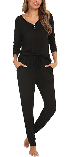 Sopesil Pyjama Damen Schlafanzug Lang Baumwolle Winter Nachtwäsche Bequeme Set Loungewear Warm mit Knopf Kordelzug Hausanzug Elastizität, B_Schwarz, XL von Sopesil