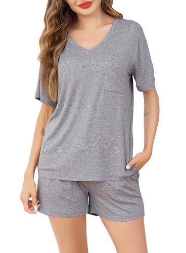 Sopesil Schlafanzug Damen Kurz Ärmel Damen Pyjama Set Kurzarm mit Taschen Nachtwäsche weich Gemütlich Lounge Wear für Frauen, Hellgrau,S von Sopesil