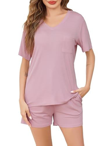 Sopesil Schlafanzug Damen Kurz Ärmel Damen Pyjama Set Kurzarm mit Taschen Nachtwäsche weich Gemütlich Lounge Wear für Frauen, Rosa,M von Sopesil