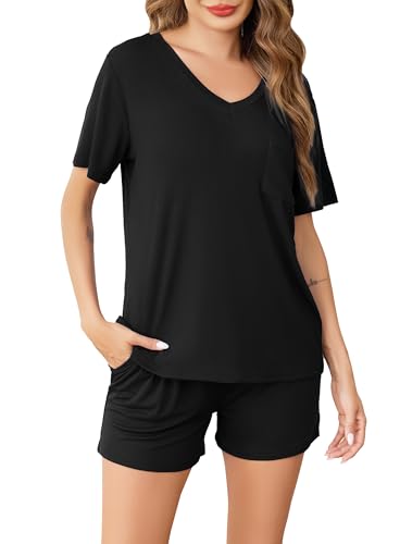 Sopesil Schlafanzug Damen Kurz Ärmel Damen Pyjama Set Kurzarm mit Taschen Nachtwäsche weich Gemütlich Lounge Wear für Frauen, Schwarz,XXL von Sopesil