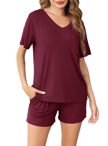 Sopesil Schlafanzug Damen Kurz Ärmel Damen Pyjama Set Kurzarm mit Taschen Nachtwäsche weich Gemütlich Lounge Wear für Frauen, Weinrot,L von Sopesil