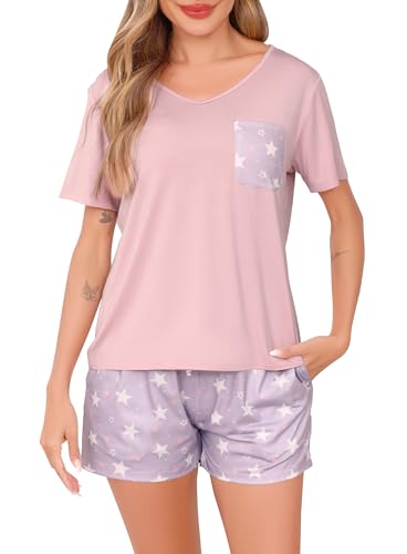 Sopesil Schlafanzug Damen Kurz Ärmel Damen Pyjamas Bedruckter Sets Kurzer mit Taschen Nachtwäsche Weich Gemütlich Loungewear, Rosa Stern, S Sopesil Schlafanzug Damen Kurz Ärmel Damen Pyjamas Bedruckter Sets Kurzer mit Taschen Nachtwäsche Weich Gemütlich Loungewear, Rosa Stern, S von Sopesil
