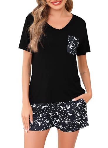 Sopesil Schlafanzug Damen Kurz Ärmel Damen Pyjamas Bedruckter Sets Kurzer mit Taschen Nachtwäsche Weich Gemütlich Loungewear, Schwarzer Stern, L von Sopesil