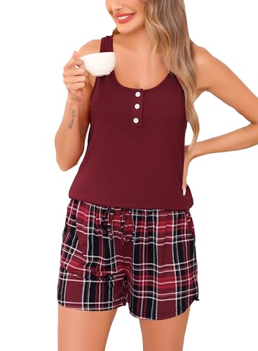 Sopesil Schlafanzug Damen Kurz Pyjama Set Ärmellos Nachtwäsche Frauen Karierter mit Geknöpftem Sommer Sleepwear von Sopesil
