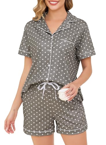 Sopesil Schlafanzug Damen Kurz Pyjama Set Kurzarm mit Knopfleiste Nachtwäsche Hausanzug Zweiteiliger Sleepwear mit Knöpfen und Taschen, Graue Tupfen, L von Sopesil