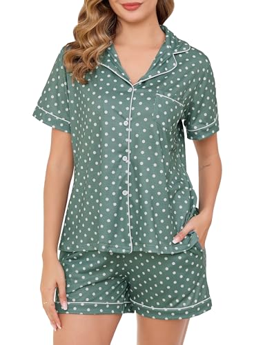 Sopesil Schlafanzug Damen Kurz Pyjama Set Kurzarm mit Knopfleiste Nachtwäsche Hausanzug Zweiteiliger Sleepwear mit Knöpfen und Taschen, Grüne Tupfen, S von Sopesil