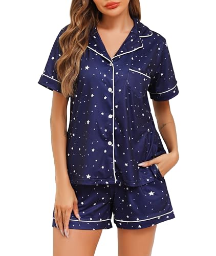 Sopesil Schlafanzug Damen Kurz Pyjama Set Kurzarm mit Knopfleiste Nachtwäsche Hausanzug Zweiteiliger Sleepwear mit Knöpfen und Taschen, Marineblaue Sterne, XL von Sopesil