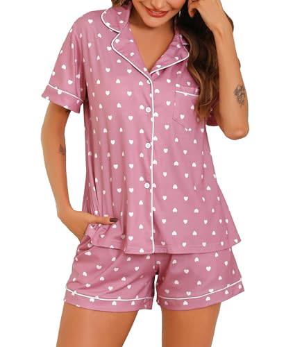 Sopesil Schlafanzug Damen Kurz Pyjama Set Kurzarm mit Knopfleiste Nachtwäsche Hausanzug Zweiteiliger Sleepwear mit Knöpfen und Taschen, Rosa Liebe, XXL von Sopesil