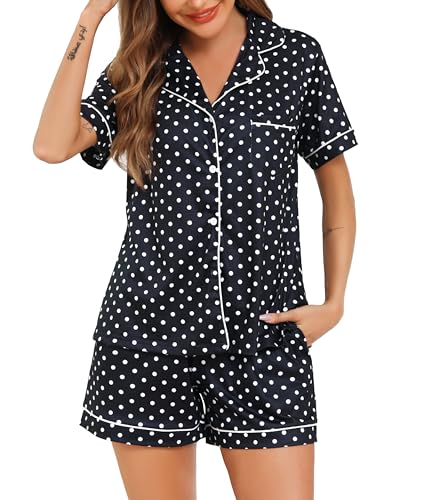 Sopesil Schlafanzug Damen Kurz Pyjama Set Kurzarm mit Knopfleiste Nachtwäsche Hausanzug Zweiteiliger Sleepwear mit Knöpfen und Taschen, Schwarze Tupfen, L von Sopesil