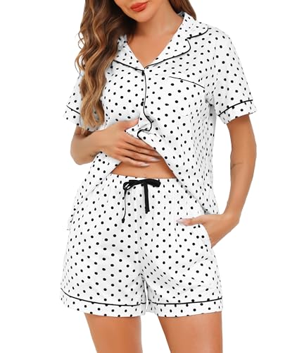 Sopesil Schlafanzug Damen Kurz Pyjama Set Kurzarm mit Knopfleiste Nachtwäsche Hausanzug Zweiteiliger Sleepwear mit Knöpfen und Taschen, Weiße Tupfen, XL Sopesil Schlafanzug Damen Kurz Pyjama Set Kurzarm mit Knopfleiste Nachtwäsche Hausanzug Zweiteiliger Sleepwear mit Knöpfen und Taschen, Weiße Tupfen, XL von Sopesil