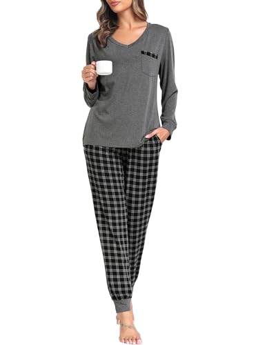 Sopesil Schlafanzug Damen Lang Karierte Pyjama Sets Langarm Weicher Schlafanzug Winter Zweiteiliger Nachtwäsche mit Taschen A-Grau,XXL von Sopesil
