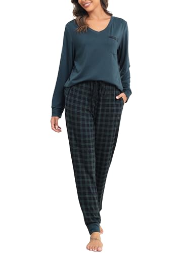 Sopesil Schlafanzug Damen Lang Karierte Pyjama Sets Langarm Weicher Schlafanzug Winter Zweiteiliger Nachtwäsche mit Taschen A-Grün,XL von Sopesil