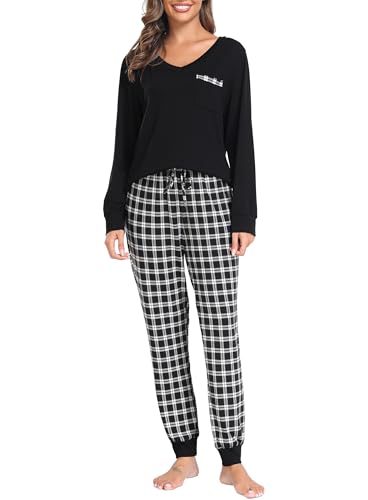 Sopesil Schlafanzug Damen Lang Karierte Pyjama Sets Langarm Weicher Schlafanzug Winter Zweiteiliger Nachtwäsche mit Taschen A-Schwarz,L von Sopesil