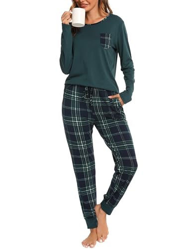 Sopesil Schlafanzug Damen Lang Karierte Pyjama Sets Langarm Weicher Schlafanzug Winter Zweiteiliger Nachtwäsche mit Taschen B-Dunkel Grün,M von Sopesil