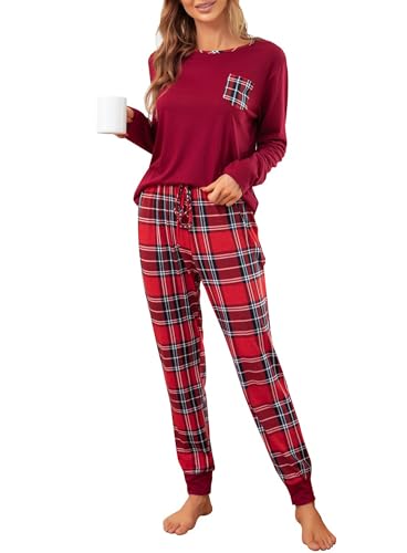 Sopesil Schlafanzug Damen Lang Karierte Pyjama Sets Langarm Weicher Schlafanzug Winter Zweiteiliger Nachtwäsche mit Taschen B-Rot,XXL von Sopesil