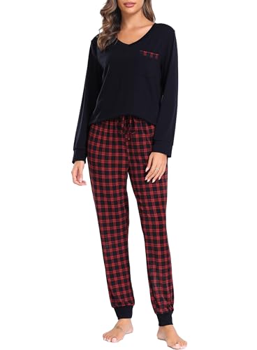 Sopesil Schlafanzug Damen Lang Karierte Pyjama Sets Langarm Weicher Schlafanzug Winter Zweiteiliger Nachtwäsche mit Taschen A-Rot,M von Sopesil