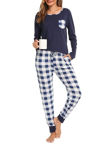 Sopesil Schlafanzug Damen Lang Karierte Pyjama Sets Langarm Weicher Schlafanzug Winter Zweiteiliger Nachtwäsche mit Taschen B-Blau,M von Sopesil