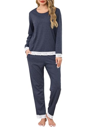 Sopesil Schlafanzug Damen Lang Pyjama Set mit Taschen Zweiteiliger Spitze Nachtwäsche Weich Baumwolle Schlafanzüge Dunkelblau XL von Sopesil