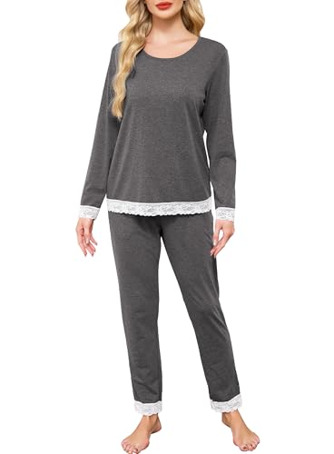 Sopesil Schlafanzug Damen Lang Pyjama Set mit Taschen Zweiteiliger Spitze Nachtwäsche Weich Baumwolle Schlafanzüge Grau M von Sopesil