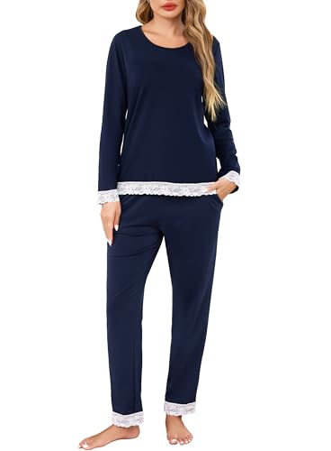 Sopesil Schlafanzug Damen Lang Pyjama Set mit Taschen Zweiteiliger Spitze Nachtwäsche Weich Baumwolle Schlafanzüge Marineblau M von Sopesil
