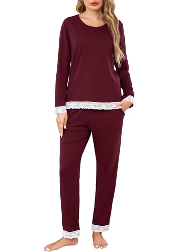 Sopesil Schlafanzug Damen Lang Pyjama Set mit Taschen Zweiteiliger Spitze Nachtwäsche Weich Baumwolle Schlafanzüge Weinrot S von Sopesil