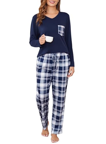 Sopesil Schlafanzug Damen Lang Pyjamas Sets Kariert mit Taschen Nachtwäsche Winter Weich Gemütlich Hausanzug Lounge Wear für Damen, Marineblau, XXL von Sopesil