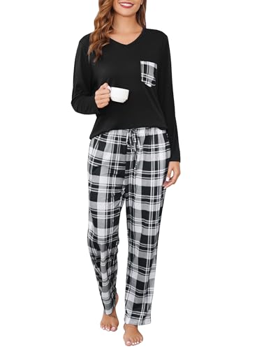 Sopesil Schlafanzug Damen Lang Pyjamas Sets Kariert mit Taschen Nachtwäsche Winter Weich Gemütlich Hausanzug Lounge Wear für Damen, Schwarz, M von Sopesil