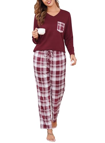 Sopesil Schlafanzug Damen Lang Pyjamas Sets Kariert mit Taschen Nachtwäsche Winter Weich Gemütlich Hausanzug Lounge Wear für Damen, Weinrot, XXL von Sopesil