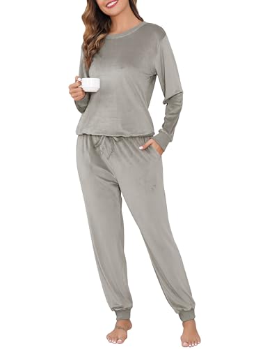 Sopesil Schlafanzug Damen Lang Winter Fleece Pyjama Sets Zweiteiler Schlafanzüge Warmer Velours Langarm Hausanzug Damen Fleece Herbst Loungewear mit Taschen, Grau, L von Sopesil