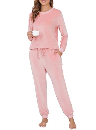 Sopesil Schlafanzug Damen Lang Winter Fleece Pyjama Sets Zweiteiler Schlafanzüge Warmer Velours Langarm Hausanzug Damen Fleece Herbst Loungewear mit Taschen, Rosa, M von Sopesil