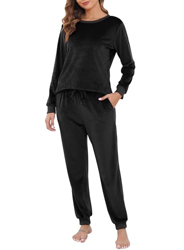 Sopesil Schlafanzug Damen Lang Winter Fleece Pyjama Sets Zweiteiler Schlafanzüge Warmer Velours Langarm Hausanzug Damen Fleece Herbst Loungewear mit Taschen, Schwarz, S von Sopesil