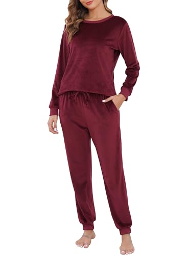 Sopesil Schlafanzug Damen Lang Winter Fleece Pyjama Sets Zweiteiler Schlafanzüge Warmer Velours Langarm Hausanzug Damen Fleece Herbst Loungewear mit Taschen, Weinrot, L von Sopesil