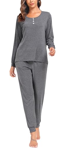 Sopesil Schlafanzug Damen Pyjama Lang Winter Baumwolle Set Nachtwäsche Hausanzug Weiche und Bequeme Loungewear mit Knopf Kordelzug Elastizität, A_Dunkel Grau, XXL von Sopesil