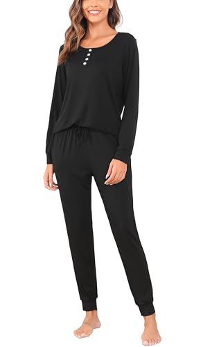 Sopesil Pyjama Damen Schlafanzug Lang Baumwolle Winter Nachtwäsche Bequeme Set Loungewear Warm mit Knopf Kordelzug Hausanzug Elastizität, A_Schwarz, XL von Sopesil