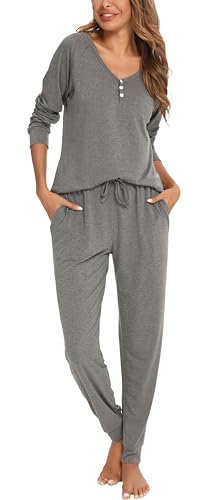 Sopesil Schlafanzug Damen Pyjama Lang Winter Baumwolle Set Nachtwäsche Hausanzug Weiche und Bequeme Loungewear mit Knopf Kordelzug Elastizität, B_Holzkohle, S von Sopesil