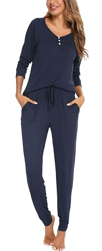 Sopesil Schlafanzug Damen Pyjama Lang Winter Baumwolle Set Nachtwäsche Hausanzug Weiche und Bequeme Loungewear mit Knopf Kordelzug Elastizität, B_Navy Blau, S von Sopesil