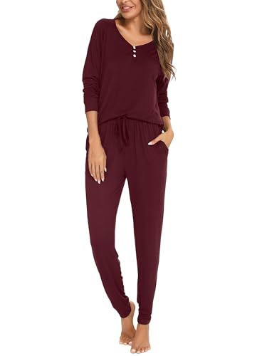 Sopesil Schlafanzug Damen Pyjama Lang Winter Baumwolle Set Nachtwäsche Hausanzug Weiche und Bequeme Loungewear mit Knopf Kordelzug Elastizität, B_WeinRot, XXL von Sopesil