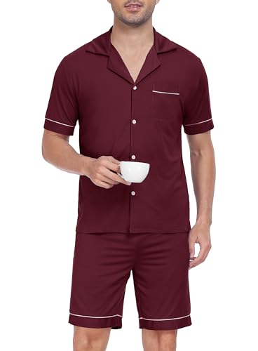 Sopesil Schlafanzug Herren Kurz Pyjama Set Baumwolle Kurzarm mit Knopfleiste Nachtwäsche Hausanzug Zweiteiliger Sleepwear mit Knöpfen und Taschen, Weinrot, S von Sopesil
