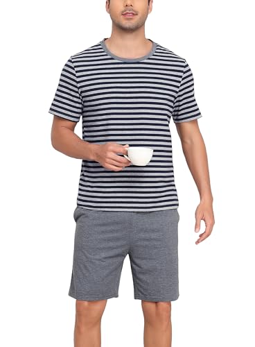 Sopesil Schlafanzug Herren Kurz Set Pyjamas Kurzarm Baumwolle Kontraststreifen mit Taschen Nachtwäsche weich Gemütlich Lounge Wear für Männer, Dunkelgrau, L von Sopesil