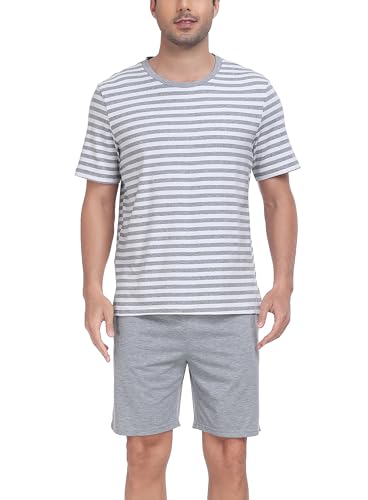 Sopesil Schlafanzug Herren Kurz Set Pyjamas Kurzarm Baumwolle Kontraststreifen mit Taschen Nachtwäsche weich Gemütlich Lounge Wear für Männer, Hellgrau, L von Sopesil
