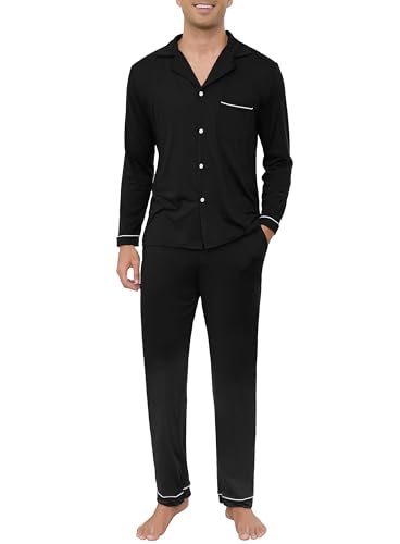 Sopesil Schlafanzug Herren Lang Pyjama Set Baumwolle Langarm mit Knopfleiste Nachtwäsche Zweiteiliger Sleepwear mit Taschen Schwarz M von Sopesil