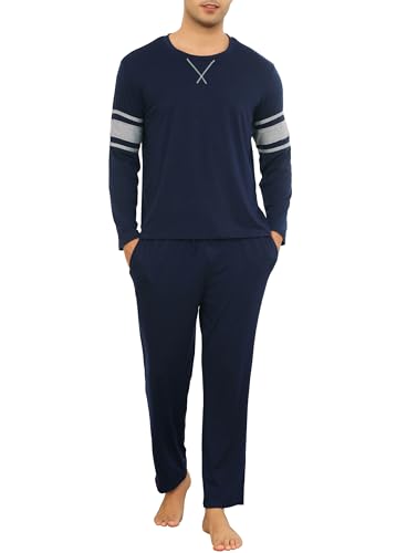 Sopesil Schlafanzug Herren Lang Set Pyjamas Baumwolle Winter mit Taschen Nachtwäsche weich Gemütlich Lounge Wear für Männer, Dunkelblau, M von Sopesil