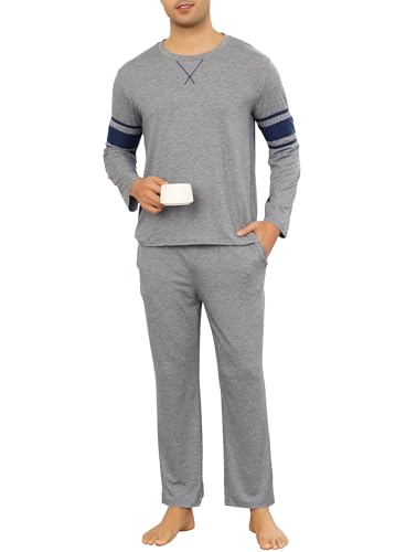 Sopesil Schlafanzug Herren Lang Set Pyjamas Baumwolle Winter mit Taschen Nachtwäsche weich Gemütlich Lounge Wear für Männer, Grau, L von Sopesil