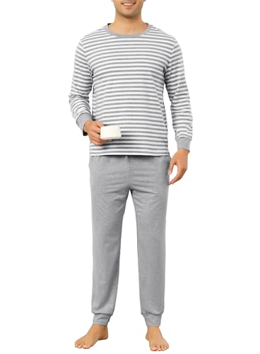 Sopesil Schlafanzug Herren Lang Set Pyjamas Kontraststreifen Baumwolle mit Taschen Nachtwäsche weich Gemütlich Lounge Wear für Männer, Hellgrau, XXL von Sopesil