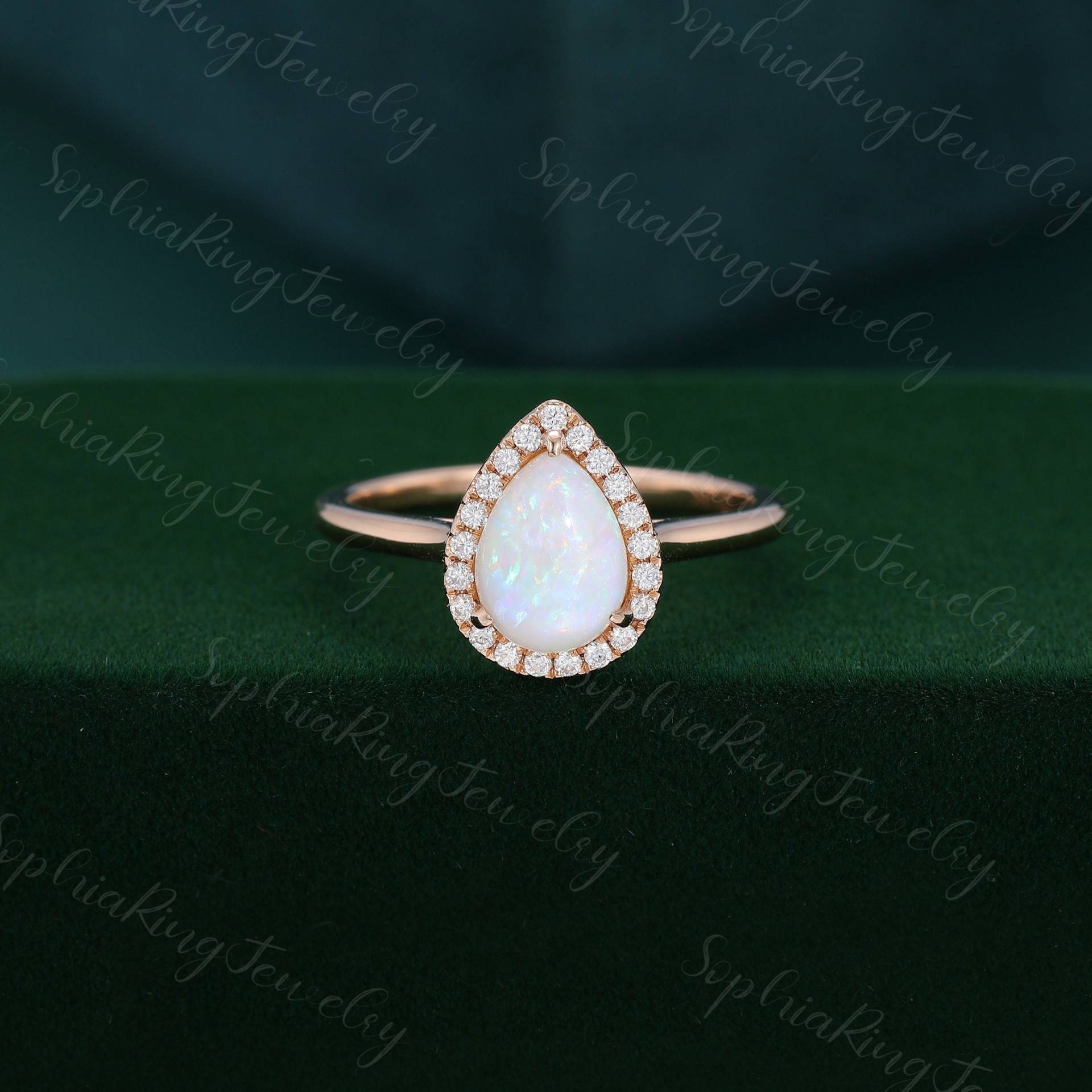 Birnenförmiger Opal Verlobungsring Roségold Halo Art Deco Vintage Diamant Hochzeit Brautring Jahrestag Geschenk Für Frauen von SophiaRingJewelry